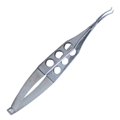 Maumenee Corneal Forceps, Colibri Style, Cross Action Squeeze Spring 3 Hole Handle Design Very Delicate (0.12mm) 1 x 2  Teeth Set At 90 Degrees,  Without Tying Platforms Overall Length Of 4 1/8" (105mm)  